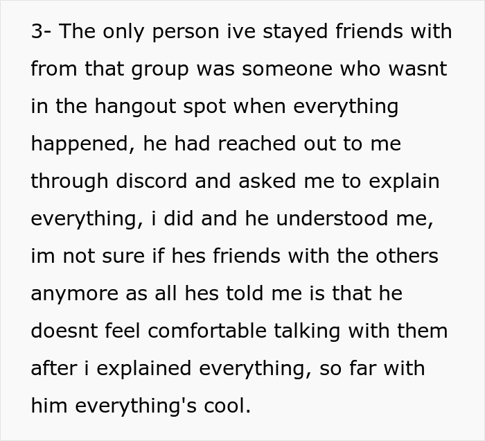 Text excerpt describing a person explaining a situation on Discord after a girlfriend kisses another woman in front of friends.