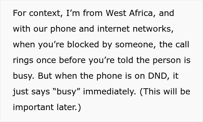 Text explaining call blocking and Do Not Disturb (DND) phone settings relevant to a suspicious work trip.