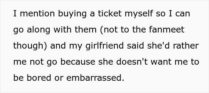 Text excerpt about a guy mentioning buying a ticket while his girlfriend expresses concern over embarrassment related to fangirling a K-pop band.