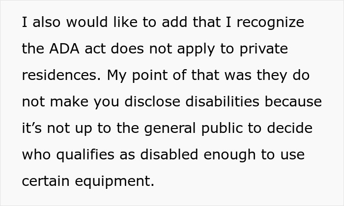 Text discussing ADA act limitations and disability disclosure related to woman service dog Thanksgiving drama.