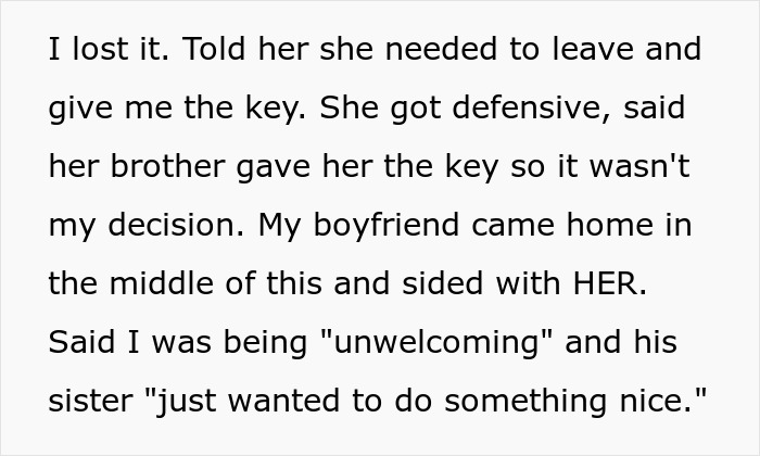 Text excerpt showing a boyfriend siding with his sister after she was secretly given a key to his girlfriend&rsquo;s house.