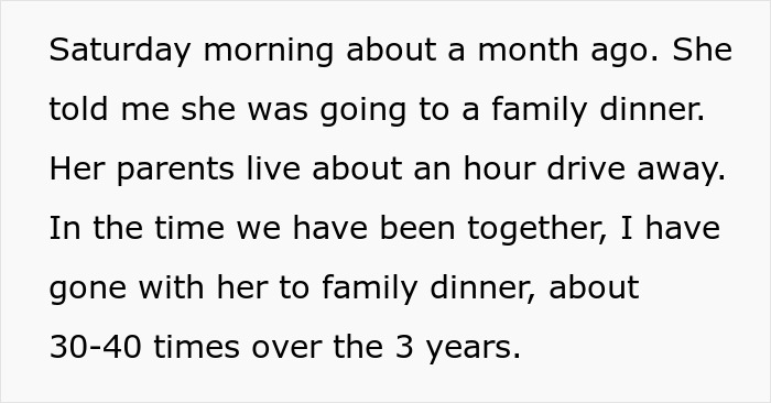 Text excerpt showing a man&rsquo;s account of his girlfriend lying about attending family dinners before going clubbing.