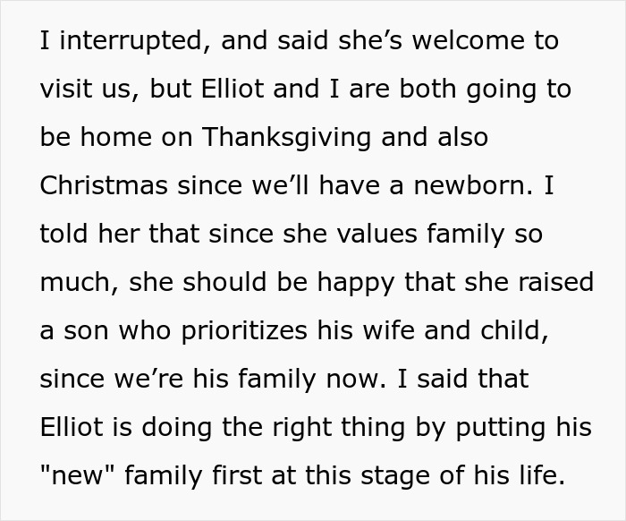 Alt text: Text discussing a mother-in-law upset as son chooses wife and baby over her during holidays with a newborn.