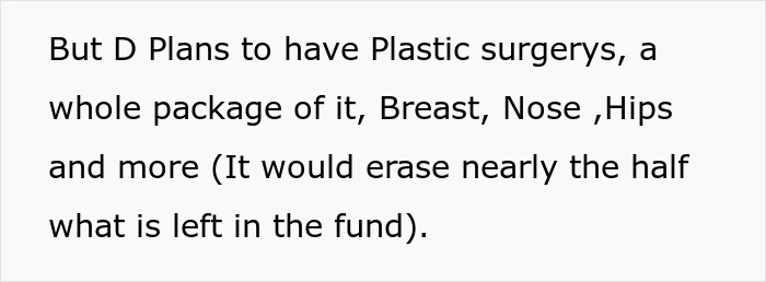 Text discussing plans for multiple plastic surgeries including breast, nose, and hips, impacting the family health fund.