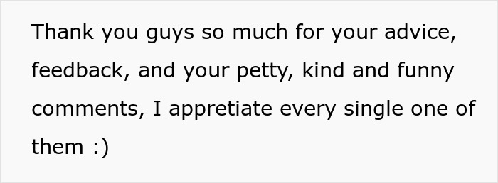 Text thanking readers for advice, feedback, and kind, funny comments, showing appreciation from the bride. Text thanking readers for advice, feedback, and kind, funny comments, showing appreciation from the bride.