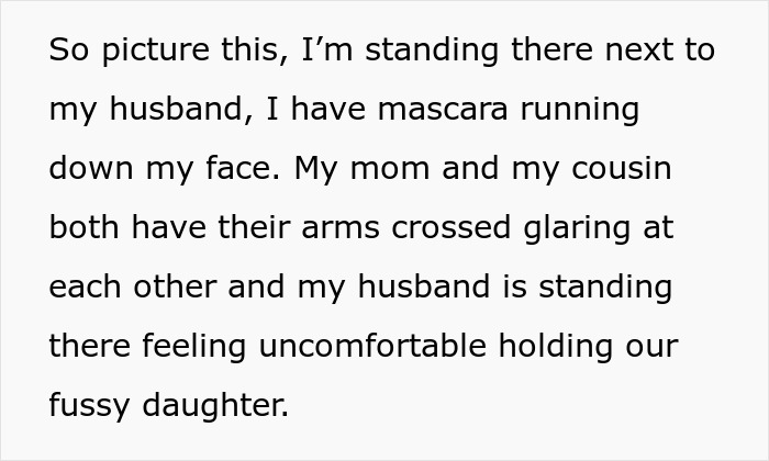 Bride with mascara running, husband holding fussy daughter, mom and cousin glaring with crossed arms at wedding.