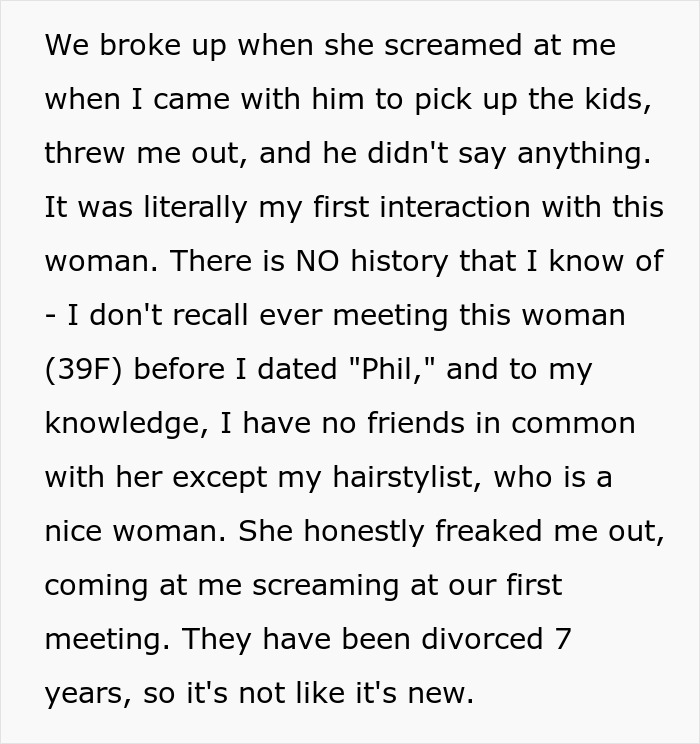 Text excerpt describing a woman&rsquo;s negative first interaction with her boyfriend&rsquo;s ex, involving his kids and a breakup.