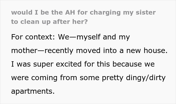 Text excerpt about woman considering charging sister a clean-up fee after spotting roaches following her move-in.