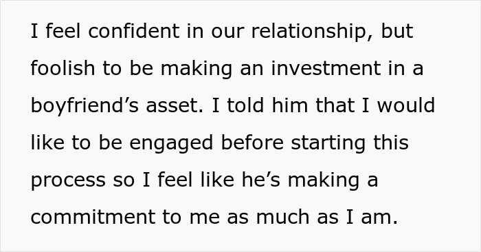 Text about girlfriend refusing to finance boyfriend&rsquo;s $100k renovation without engagement, fearing marriage as transaction.