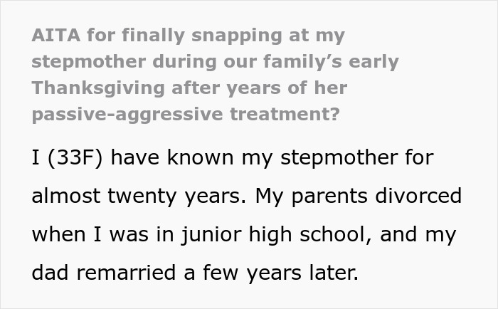 Text excerpt discussing a family dispute involving a stepmother and stepdaughter’s sexuality during Thanksgiving. Text excerpt discussing a family dispute involving a stepmother and stepdaughter’s sexuality during Thanksgiving.