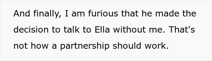 Text expressing anger about a husband banning daughter from nanny's Spanish lessons, highlighting partnership issues.