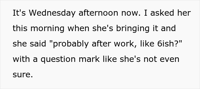 Text excerpt discussing a lady borrowing a car for one hour but keeping it for days, causing tension with her sister. Text excerpt discussing a lady borrowing a car for one hour but keeping it for days, causing tension with her sister.