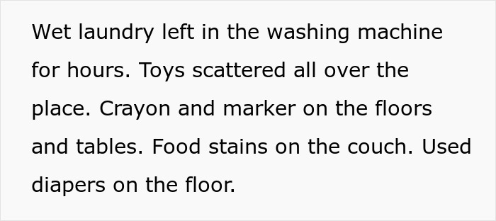Messy home with wet laundry, scattered toys, crayon marks, food stains, and used diapers showing poor cleanliness and roach concerns.