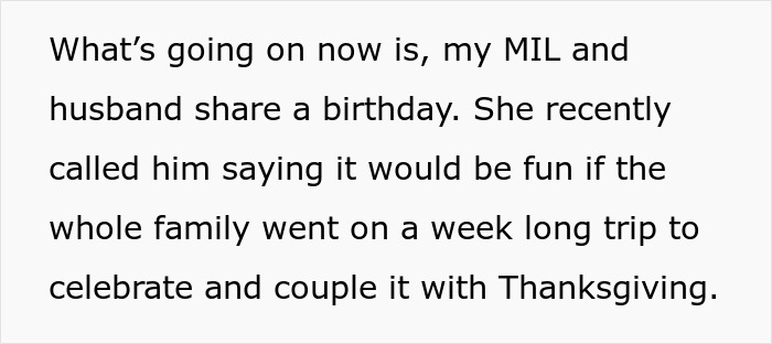 Text on a white background describes a family holiday plan where a woman purposely excludes her sick daughter-in-law. Text on a white background describes a family holiday plan where a woman purposely excludes her sick daughter-in-law.