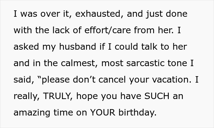Text excerpt showing a sarcastic message from a woman frustrated with her sick DIL during a family holiday conflict. Text excerpt showing a sarcastic message from a woman frustrated with her sick DIL during a family holiday conflict.