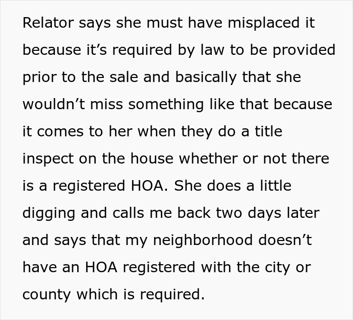 Text excerpt discussing a realtor addressing legal requirements regarding HOA registration during a house sale process.