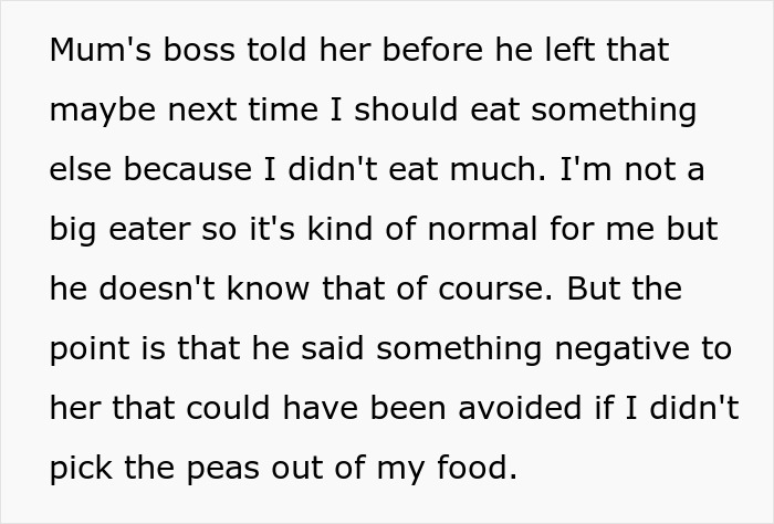 Man picks at his food during dinner with mom’s boss, causing tension and worry about ruining the evening. Man picks at his food during dinner with mom’s boss, causing tension and worry about ruining the evening.