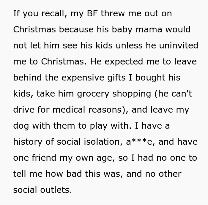 Text excerpt discussing a woman who buys expensive gifts for boyfriend&rsquo;s kids but is told she can&rsquo;t spend Christmas with them.