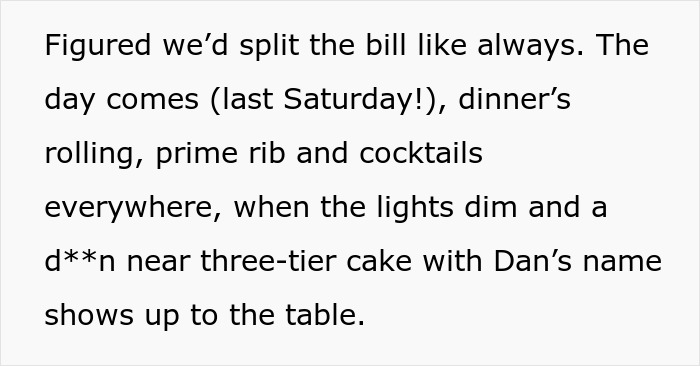 Text describing a rich man refusing to pay for a cake his sister-in-law ordered behind his back at dinner.