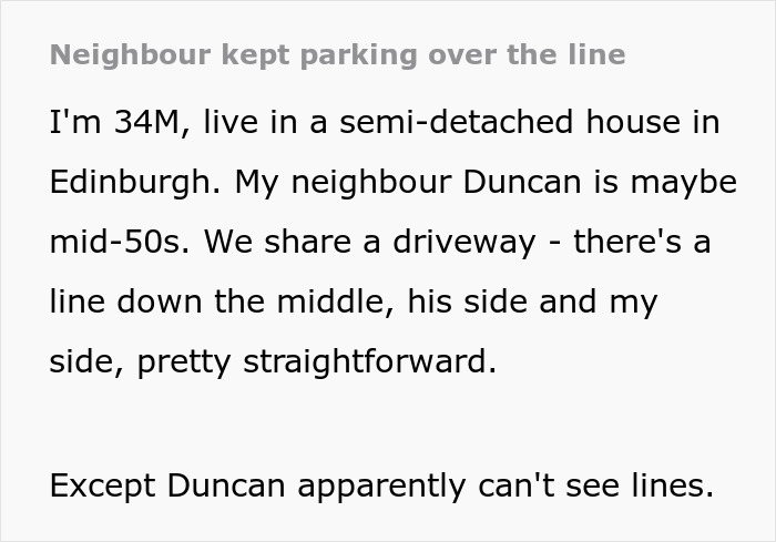 Text excerpt about male Karen refusing to park car correctly and neighbor's revenge after warnings are ignored.