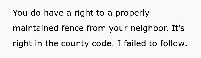 Text excerpt about a neighbor&rsquo;s right to a properly maintained fence according to county code.