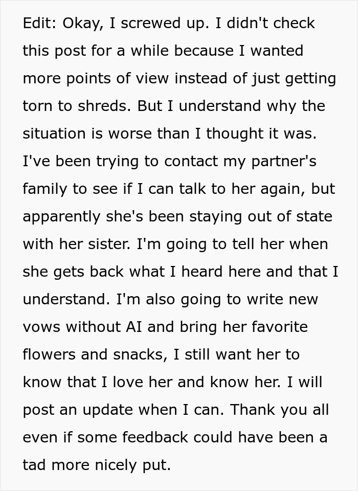 Text post reflecting regret over using AI to write wedding vows and plans to rewrite vows without AI.