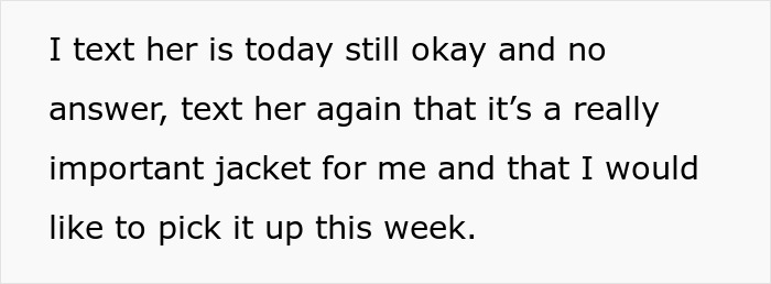 Text message about the importance of picking up an expensive jacket from a coworker this week.