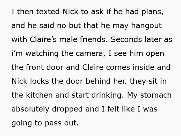 Text describing a boyfriend cheating on a woman during a vacation, revealing hidden plans and emotional distress.