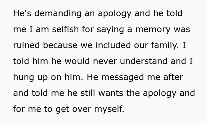 Alt text: Text describing a selfish dad demanding an apology from his daughter after ruining her Christmas memory.