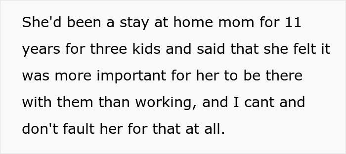 Text discussing a stay at home mom with three kids prioritizing family over work in a right to fire state context.