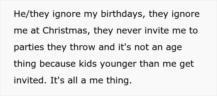 Text describing a scapegoat sibling ignored on birthdays and holidays, highlighting family tensions with a golden child brother.