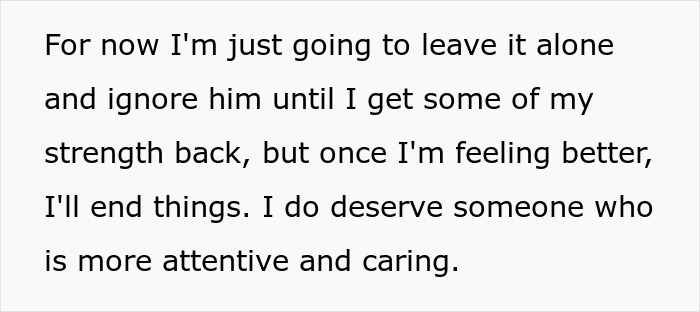 Text excerpt showing a woman deciding to end a relationship due to lack of care after surgery, needing a boyfriend upgrade.