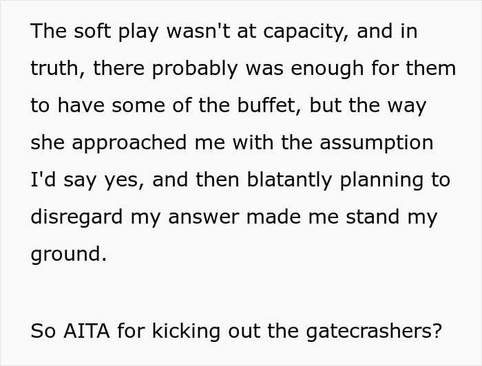 Text excerpt discussing entitled mother raising hell after being denied entrance and food at private party. Text excerpt discussing entitled mother raising hell after being denied entrance and food at private party.