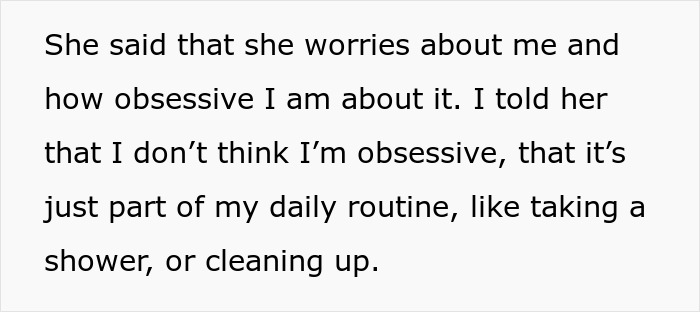 Text excerpt showing a person explaining their daily routine obsession, including walking 20K steps and cleaning up.