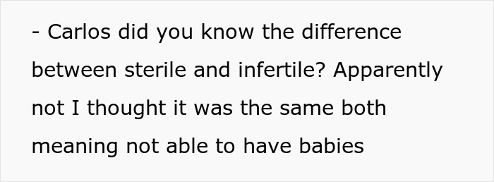 Text discussing the difference between sterile and infertile in the context of a childfree couple after a hysterectomy prank.