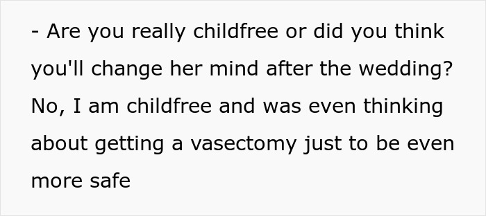Text of a childfree couple in conflict discussing vasectomy and confirming childfree status after prank reveals hysterectomy.