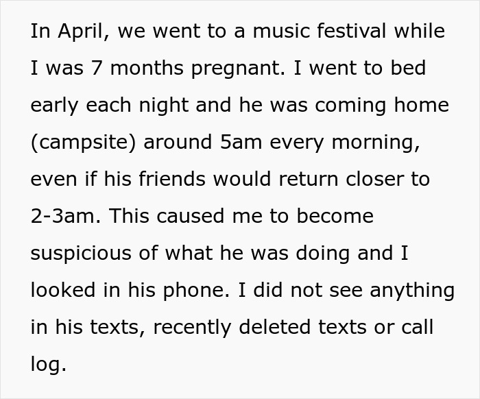Text about a woman suspicious of boyfriend cheating during a vacation at a music festival.