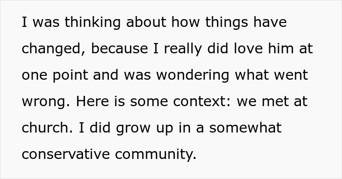 Text excerpt reflecting a man treating his wife like a servant and her lost attraction to him, with context of conservative community.