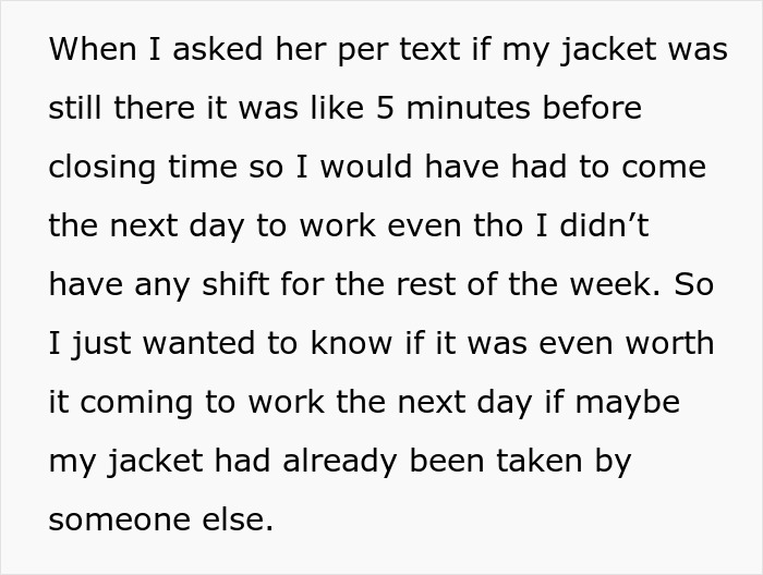 Text message conversation about a woman refusing to return her coworker&rsquo;s expensive jacket after work hours.
