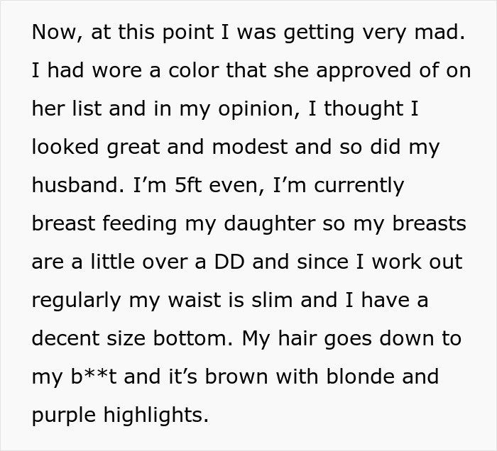 Text describing a bride's mad cousin upset about dress choices at a wedding, focusing on body and appearance details.