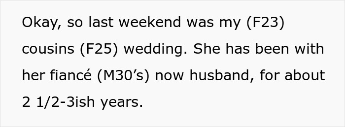 Text excerpt describing a bride mad at her cousin&rsquo;s dress choice during a wedding event.