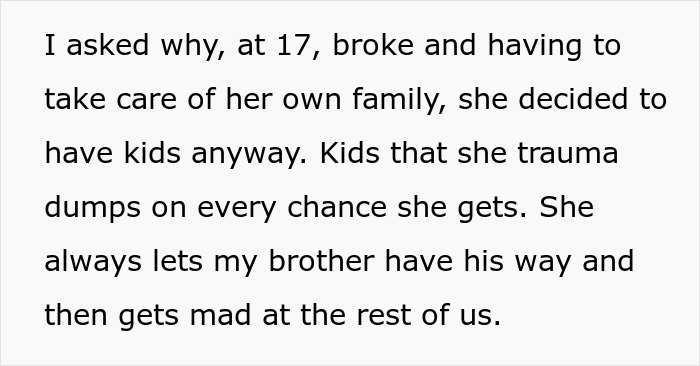 Text excerpt showing a 17-year-old expressing frustration as mom retires from parenting and kids must buy their own food.