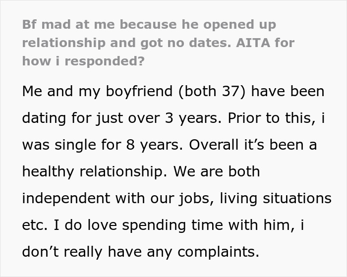 Text excerpt about a boyfriend who opens relationship but gets no dates, describing a 3-year healthy partnership. Text excerpt about a boyfriend who opens relationship but gets no dates, describing a 3-year healthy partnership.