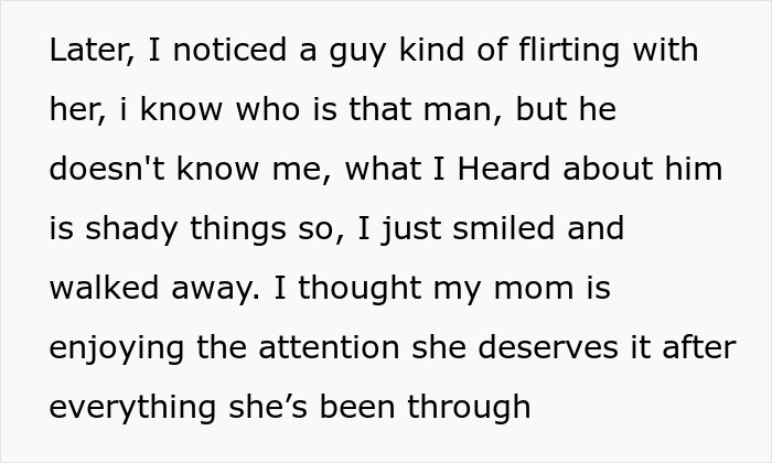 Text about a teen noticing a womanizer flirting with his recently divorced mom while she enjoys attention.