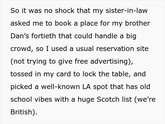 Text excerpt describing sister-in-law booking a venue for a brother&rsquo;s fortieth birthday with rich man refusing to pay for cake ordered behind his back.