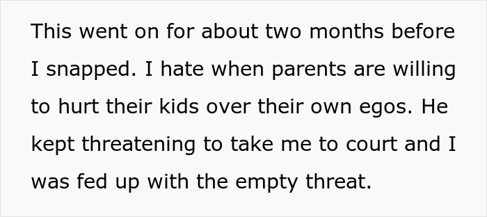 Text excerpt showing a woman expressing frustration with a toxic ex and his constant threats over two months.