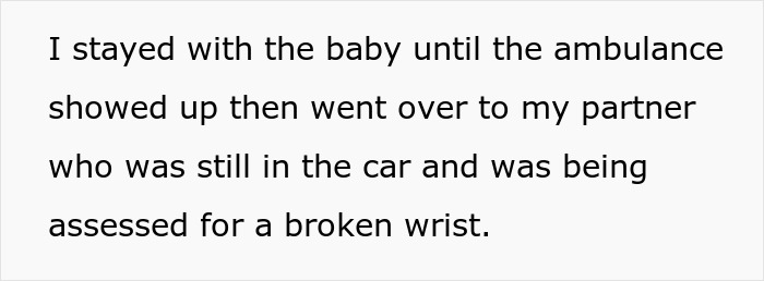 Text excerpt describing a nurse girlfriend prioritizing a baby and dogs during a car crash while partner is assessed for injury.