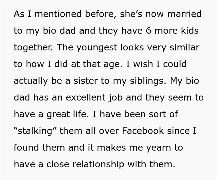 Text excerpt from a woman sharing her feelings about wanting to reunite with her biological family and struggling with adoptive parents.