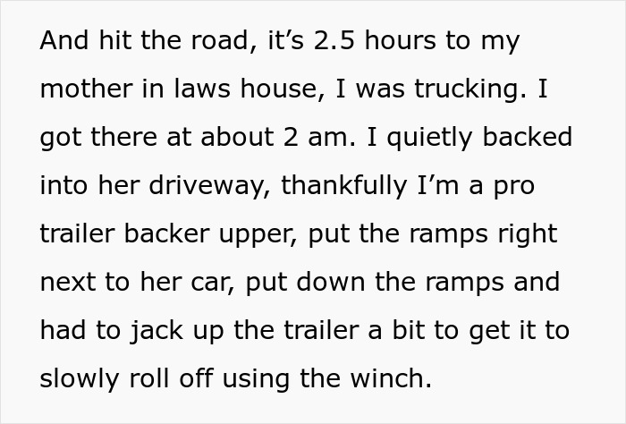 Text describing a son-in-law carefully backing a trailer at 2 am to regain an inherited tractor amid a toxic MIL dispute.