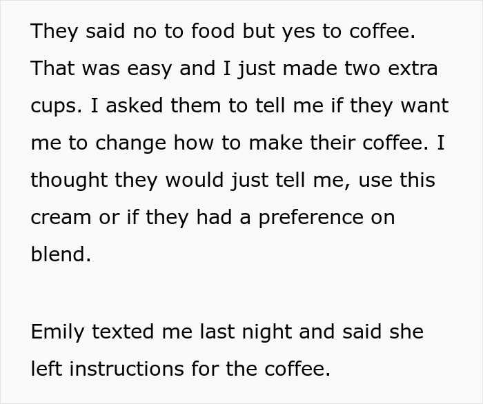 Text excerpt about MIL offering to make morning coffee for DIL, ignoring specific coffee instructions after a fancy recipe demand.